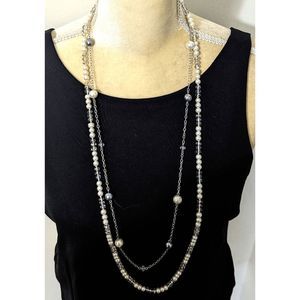 Classic faux pearl sparkly beads two string necklace 34" silver tone
